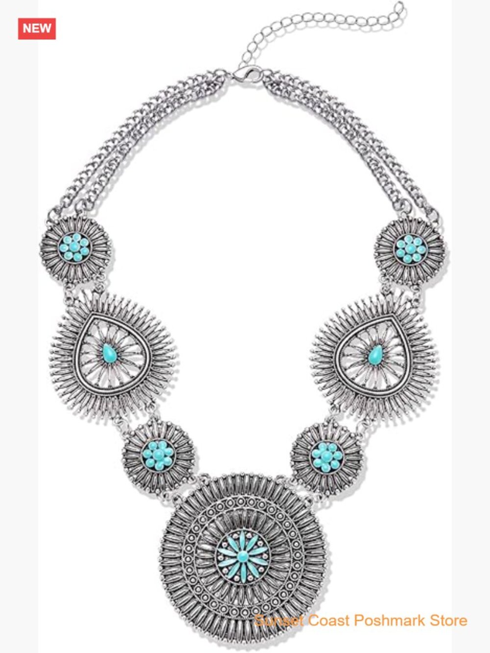 Turquoise Statement Necklace Boho Squash Blossom Concho Pendant Collar Bib